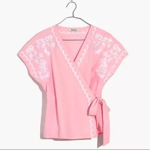 Madewell Pink embroidered side-tie wrap top large